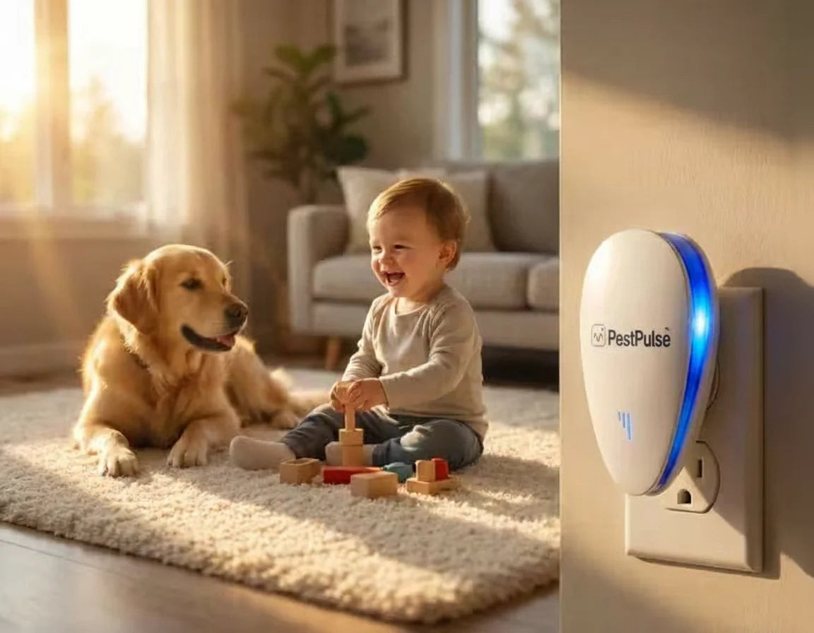 Toddler on warm wood floor with wooden blocks; golden retriever asleep nearby; PestPulse device gently glowing in background outlet