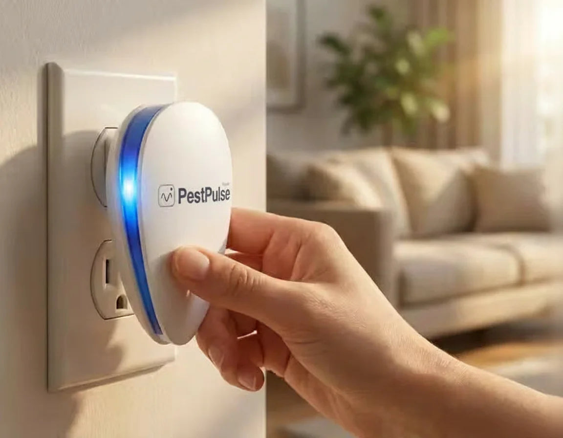 PestPulse device with blue LED glowing in outlet